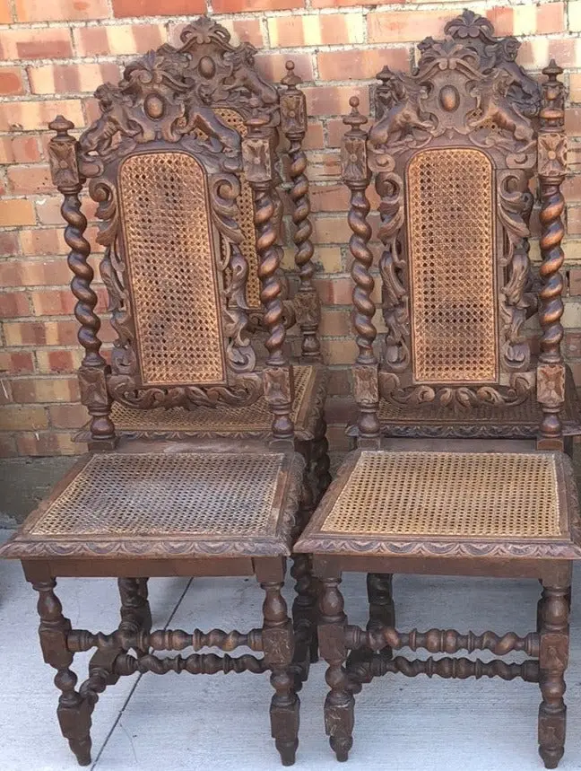 Set Of 6 Louis Xiii Carved Lion Crest Oak Barley Twist Chairs With Caned Seats-As Found 1