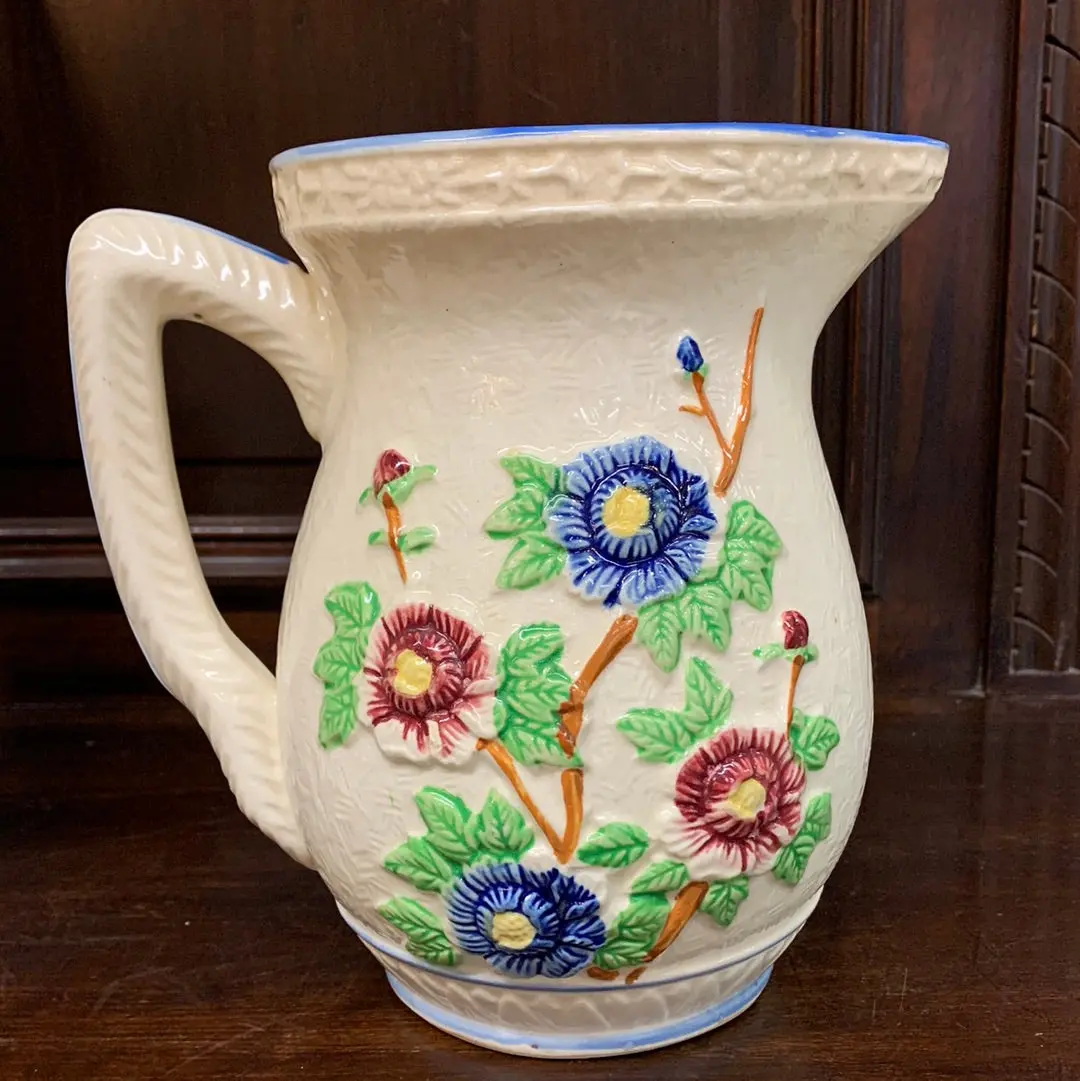 19Th Century Stafforshire Pitcher With Flowers And A Pair Of Birds 1