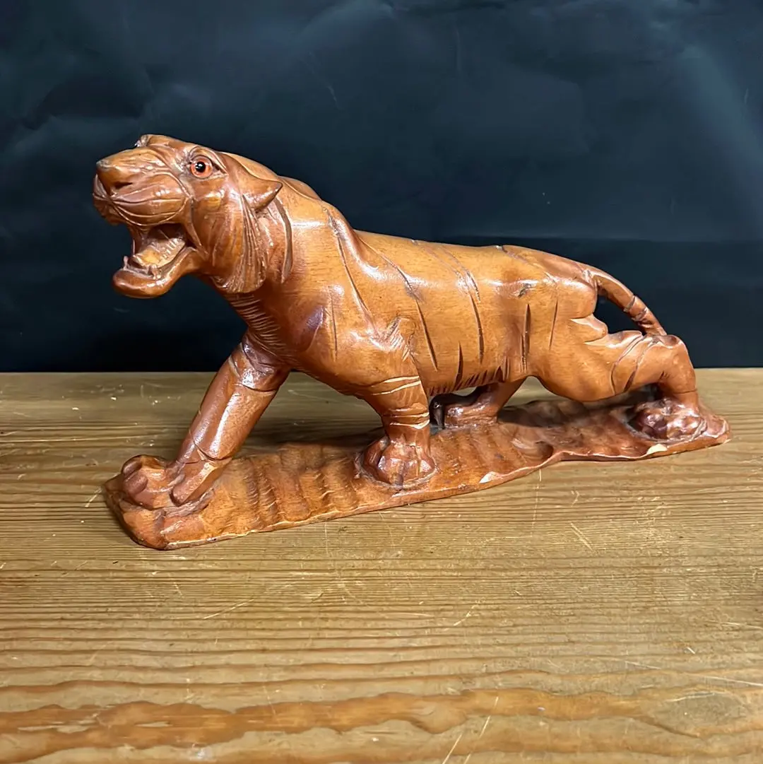 Vintage Carved Wood Tiger With Glass Eyes 1