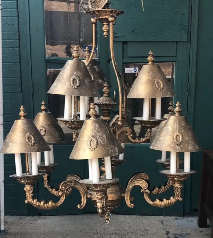 Gilt Metal 8 Light Chandelier With Gilt Metal Shades 1