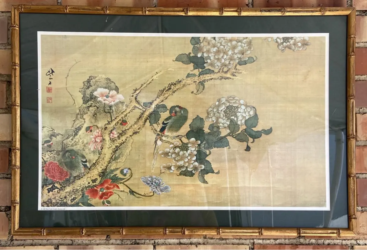 Asian Parrots Print In Faux Bamboo Frame 1