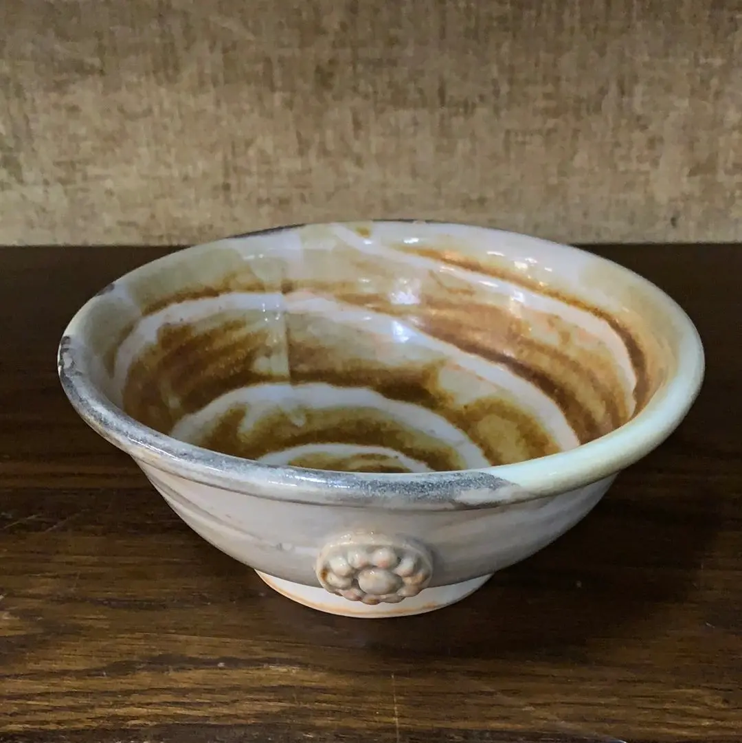 Swirly Studio Pottery Bowl With Flower Applique 1