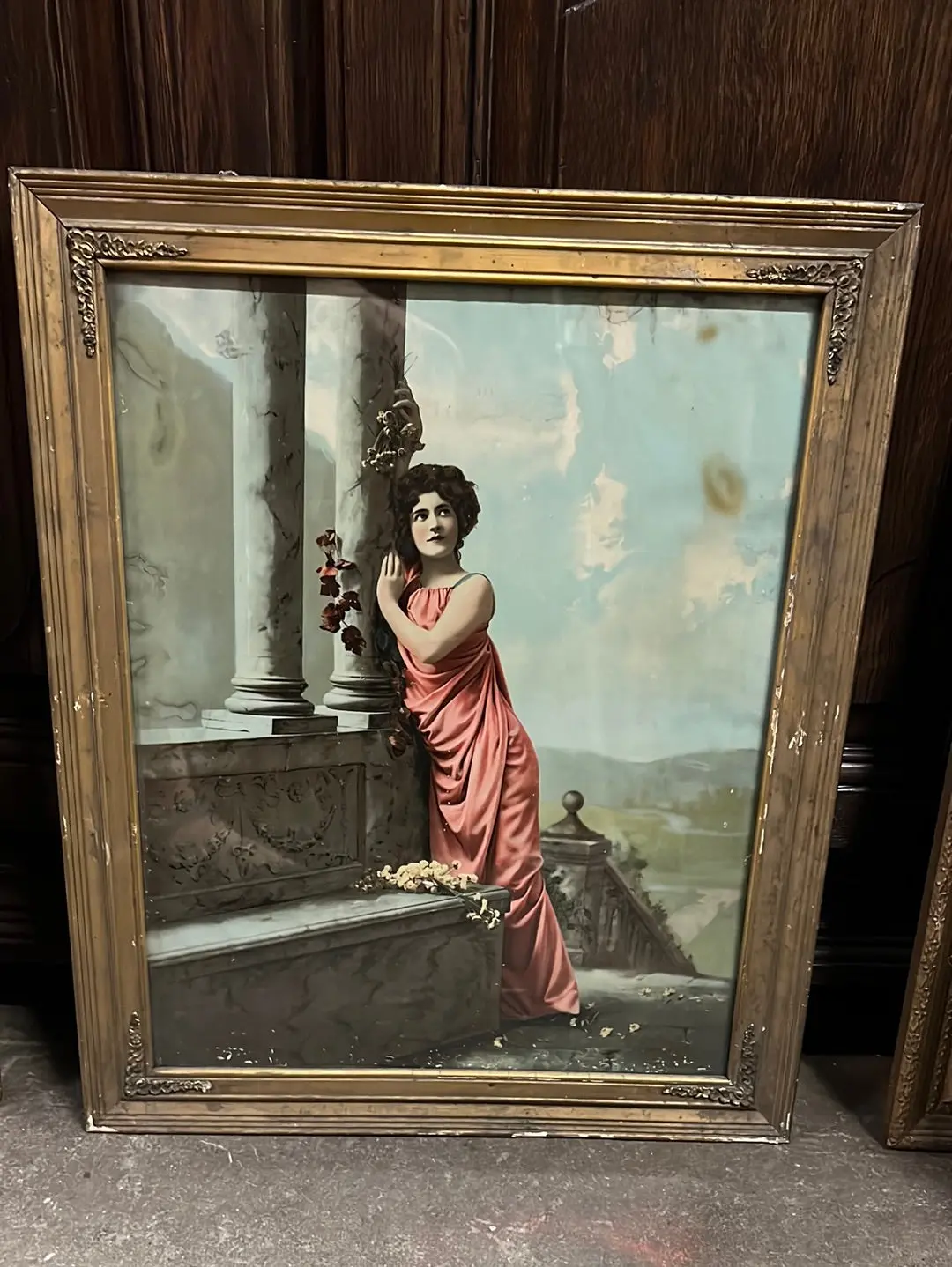 Lithograph Edwardian Era Woman With Blue Background 1