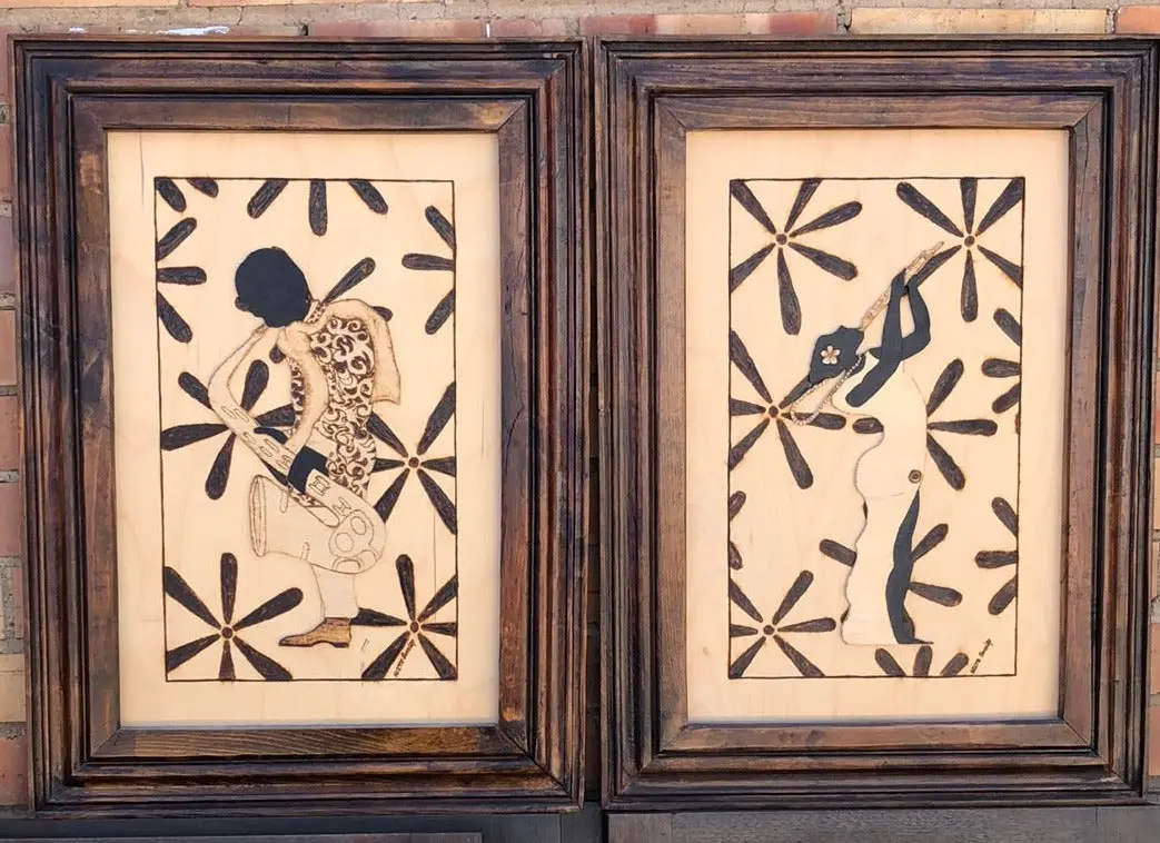 Pair Of Angolan Louisiana Artist Pyrographic Wall Art 1
