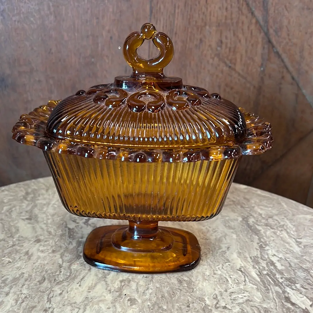 Amber Glass Lidded Butter Dish 1