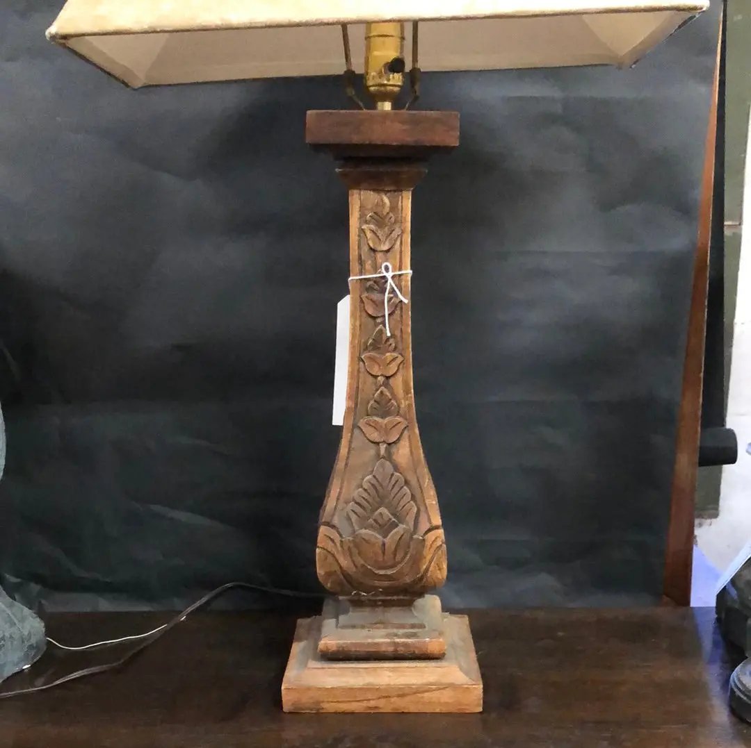 Wood Lamp And Shade With Carved Leaves 1