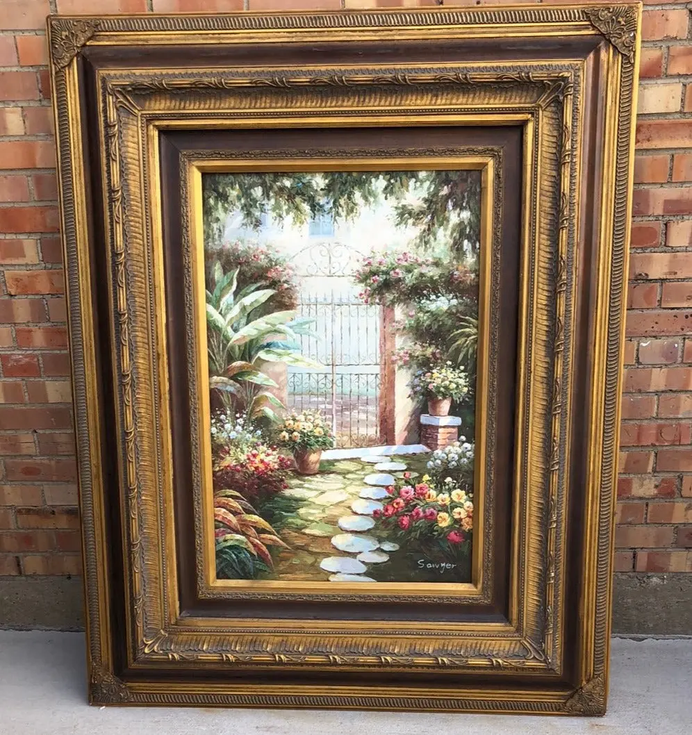 Large Gold And Black Frame With Oil Painting Of Garden 1