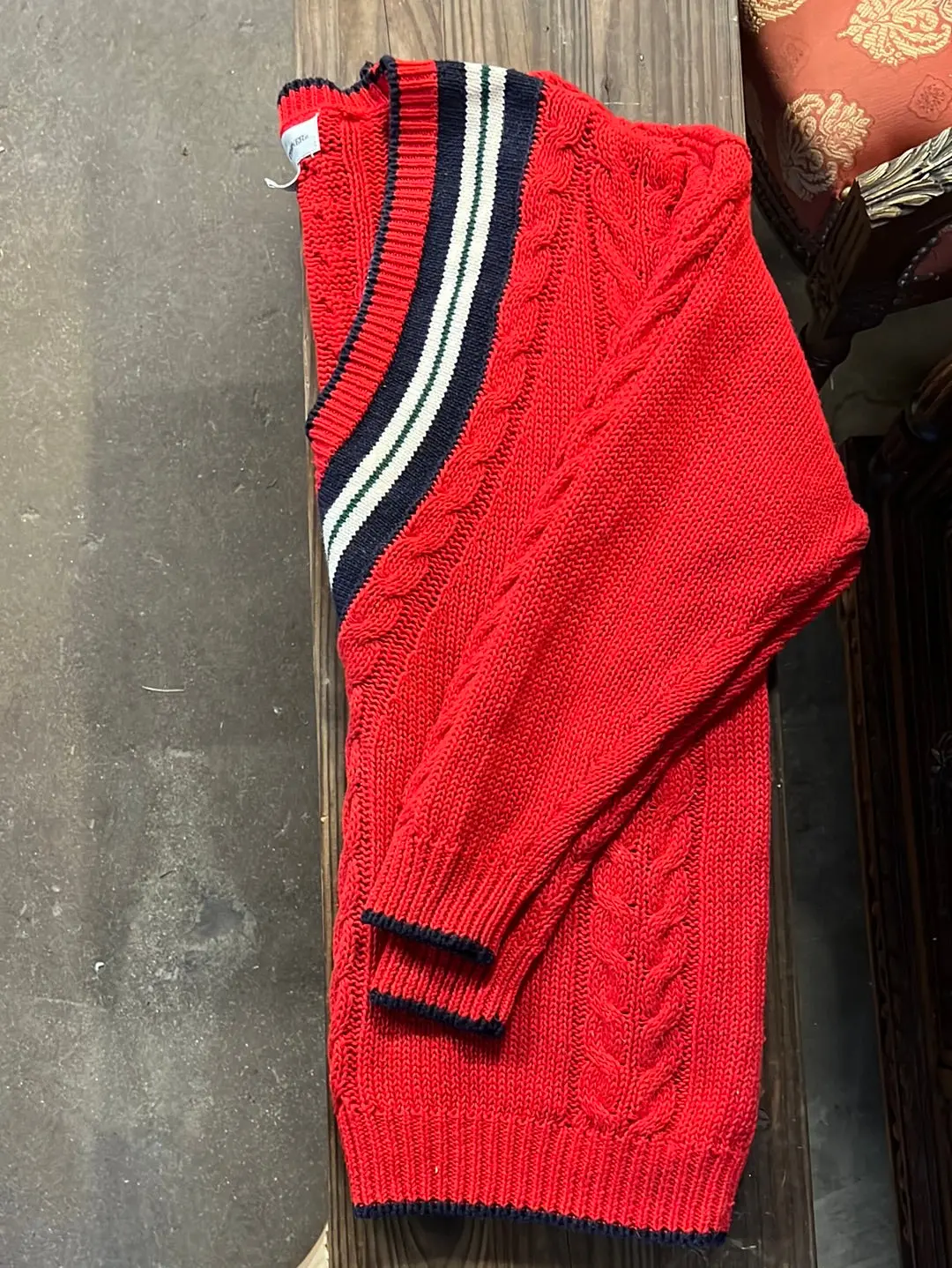 Red With Navy And White V-Neck Sweater 1