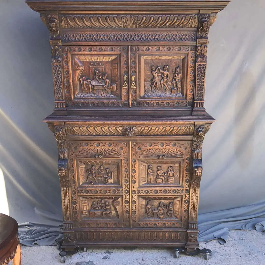 Carved 2-Piece Oak Brueghel Cabinet With Fitted Interior 1