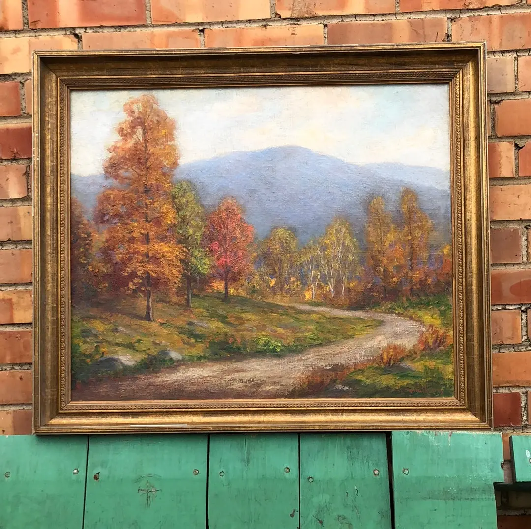Framed Autumn Road With Mountains Oil Painting  On Canvas 1