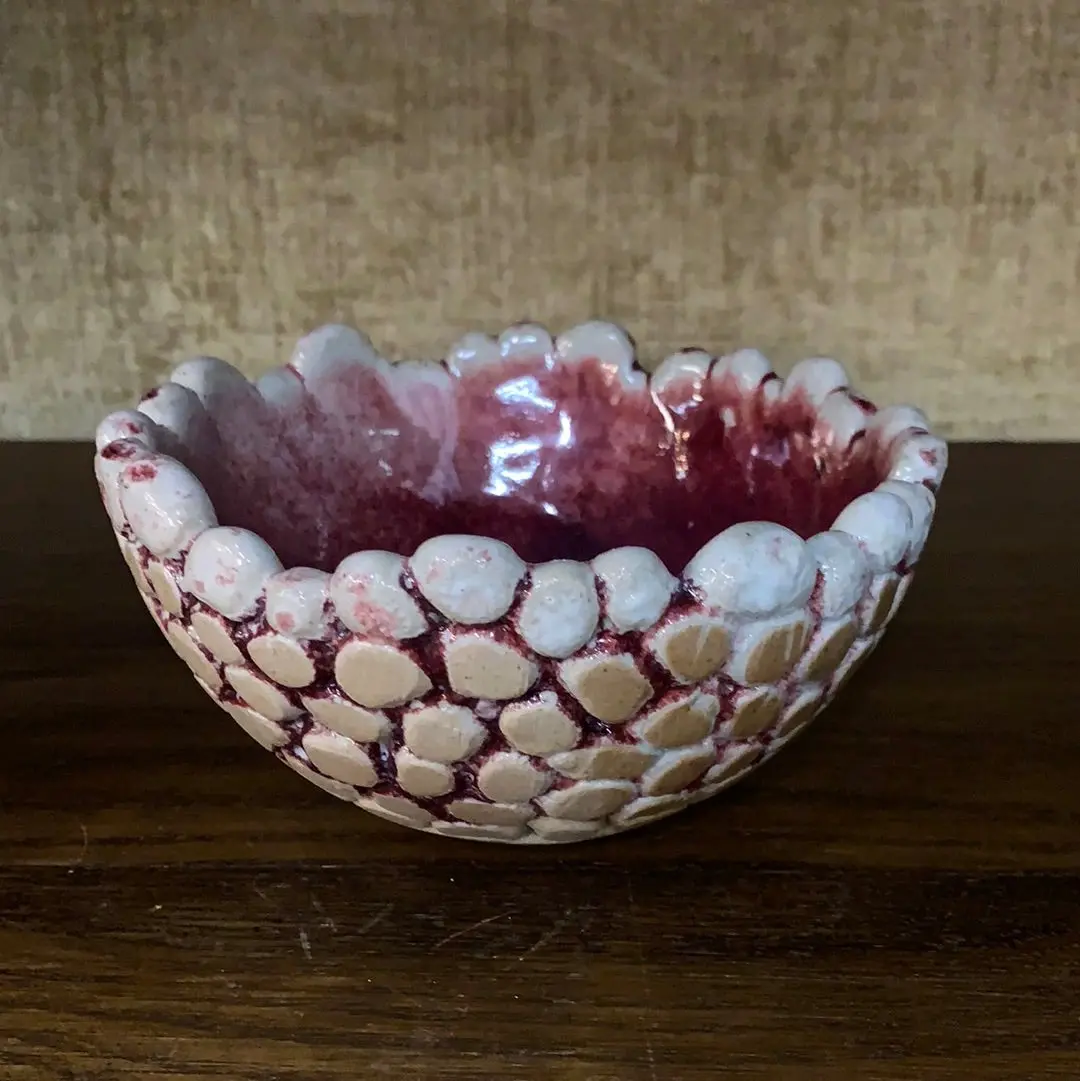 Pink And Tan Pebble Texture Glazed Pottery Bowl 1