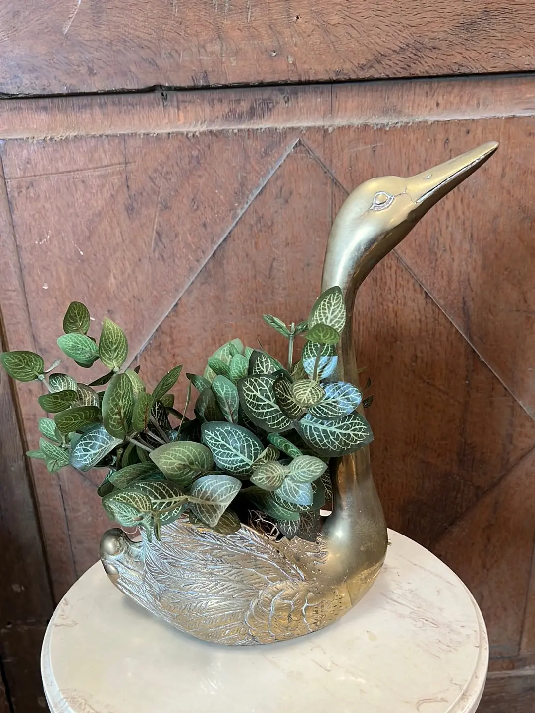 Brass Swan Planter With Faux Plant 1