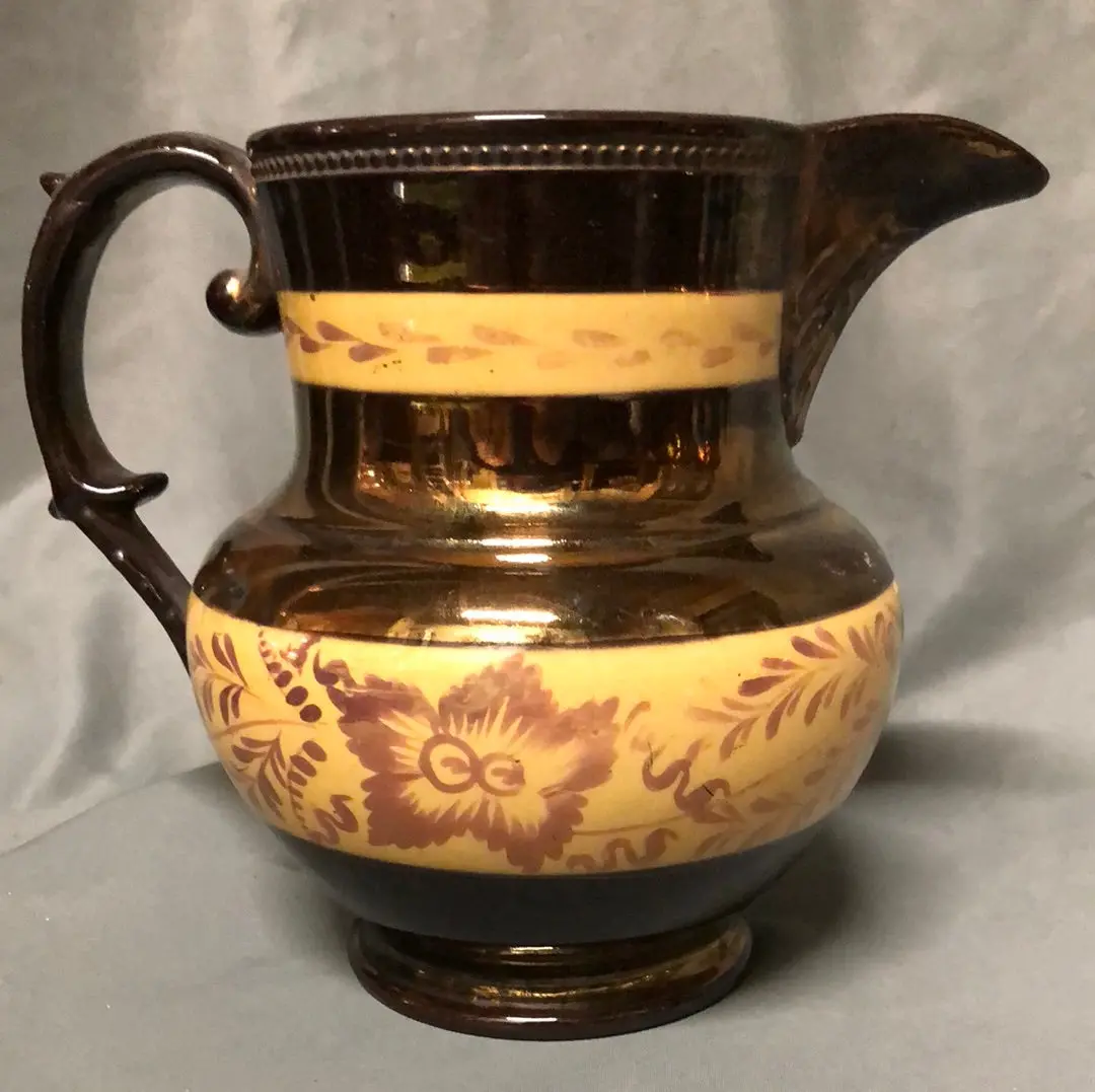 Copper Luster Medium Pitcher With 2 Orange Bands & Purple Flowers 1