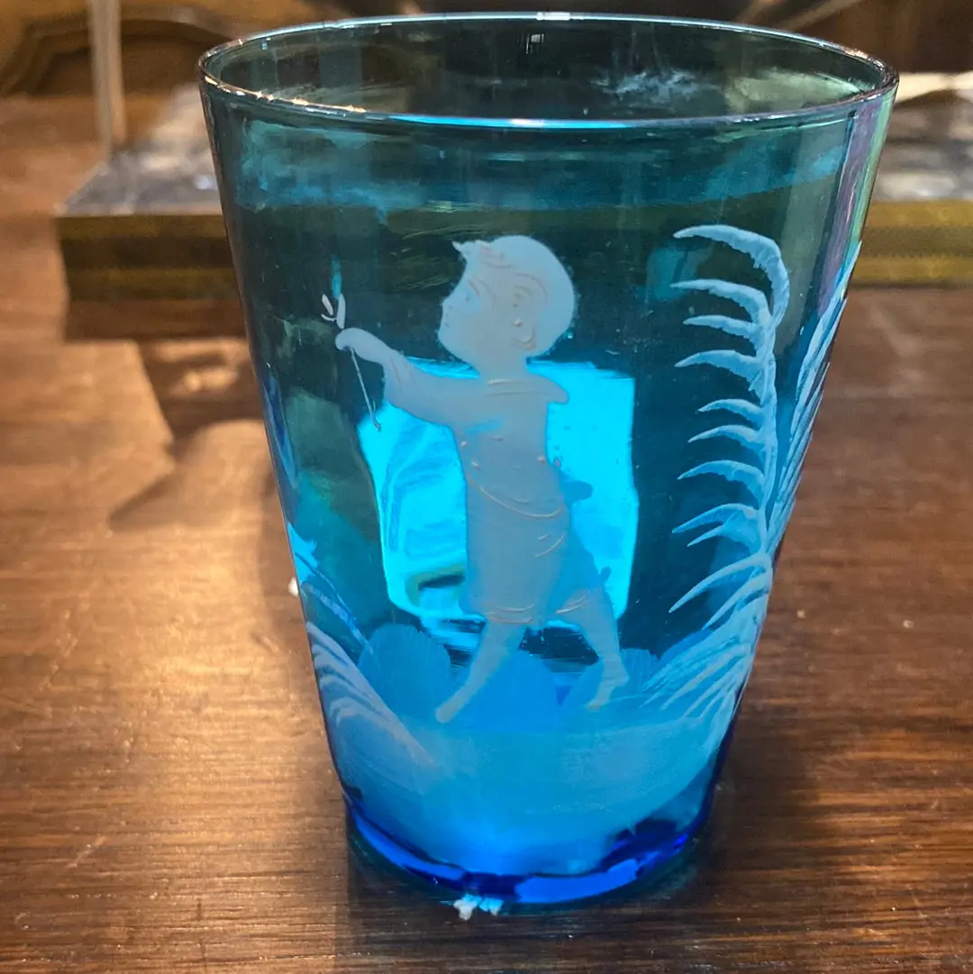 Blue And White Mary Gregory Victorian Art Glass Tumbler 1