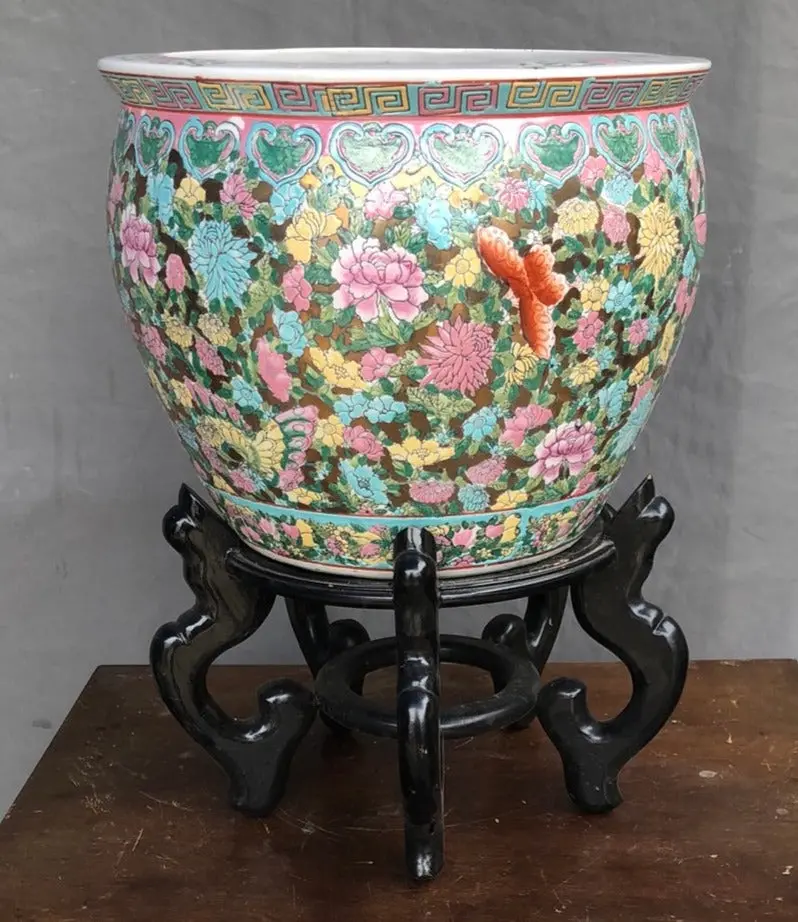 Chinese Planter With Flowers On Black Stand 1
