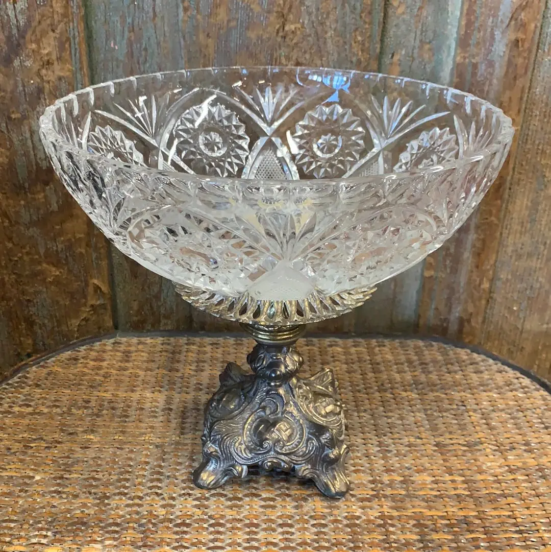 Vintage Crystal Fruit Bowl On Brass Pedestal 1