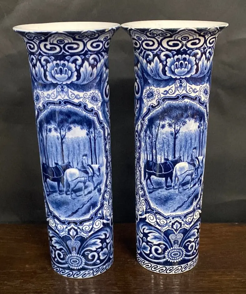 Pair Of Small Cylindrical Delft Vases With Horses 1