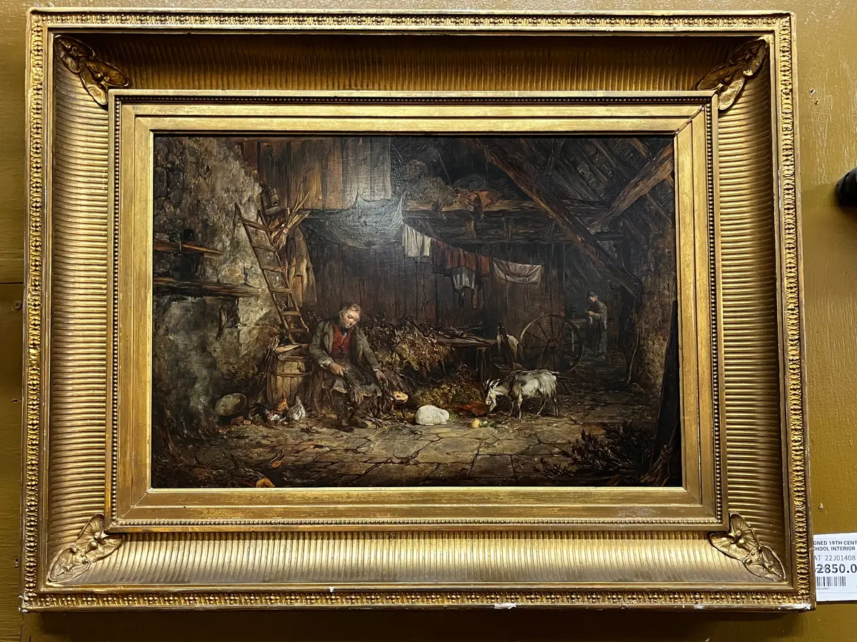 Signed 19Th Century German School Interior Of Barnon Panel 1