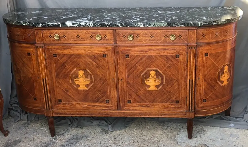 Louis Xvi Dark Green Marble Top Sideboard With Inlaid Urns And Keys 1
