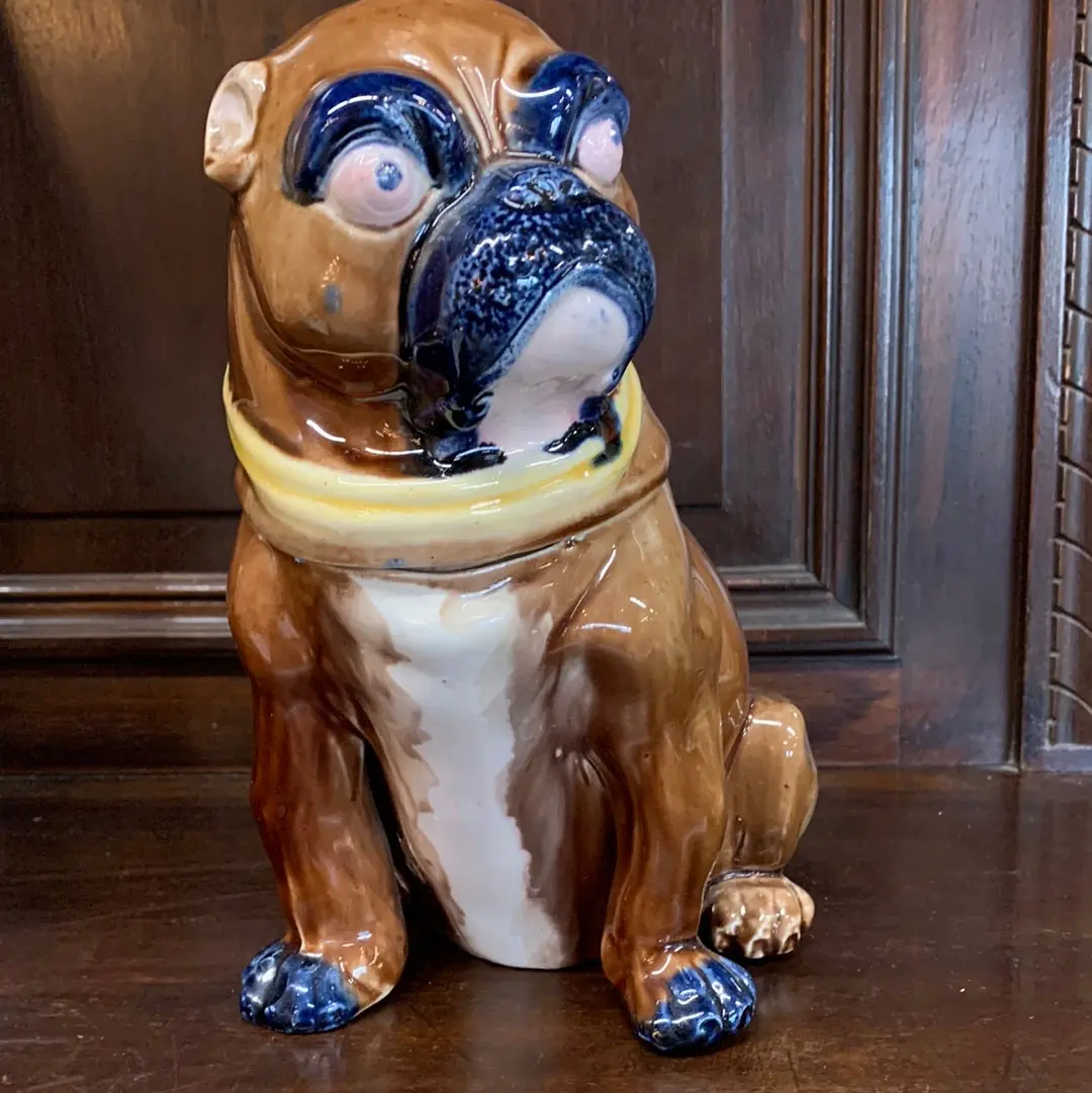 Staffordshire Bulldog Jar With Lilac Colored Bow On The Back 1