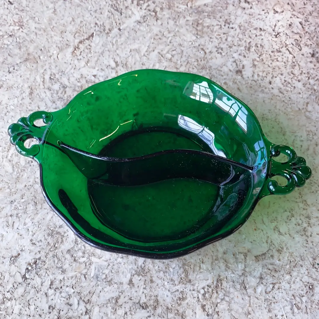 Small Green Glass Divided Bowl With Handles 1