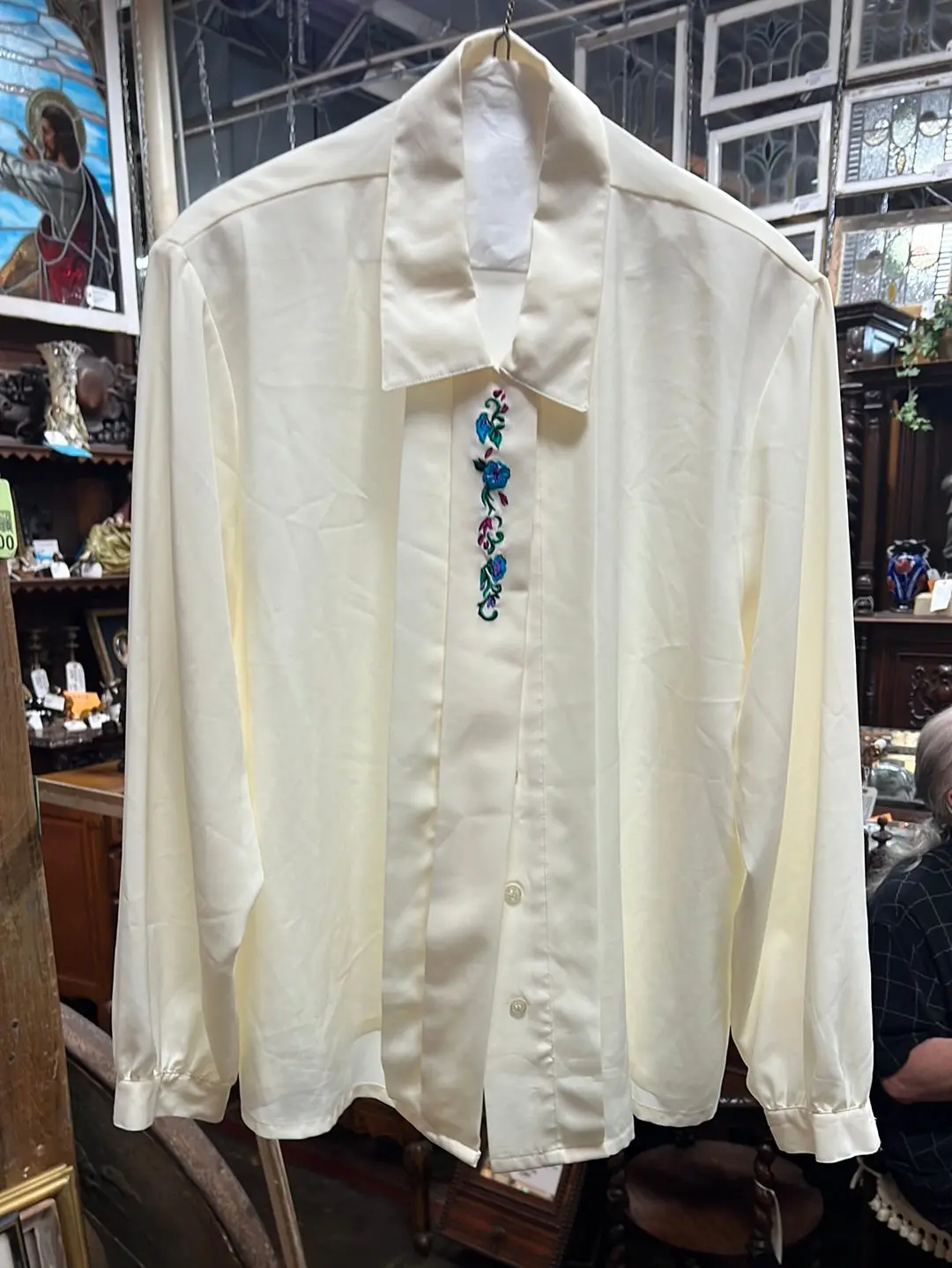 Cream Shirt With Floral On Button Overlay 1