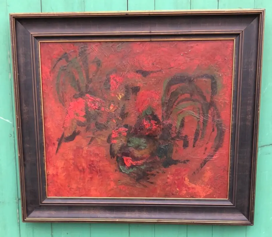 Red Abstract Impressionist Oil Painting Of A Rooster 1