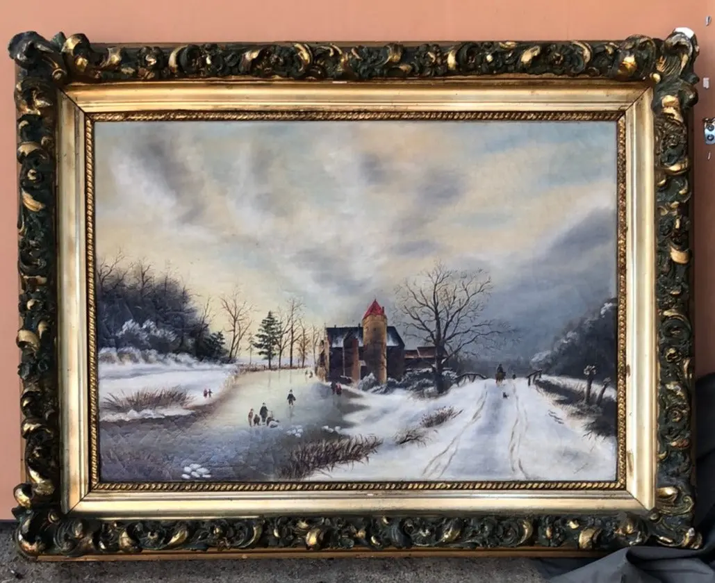Winter Scene Oil Painting Of Frozen River With People 1