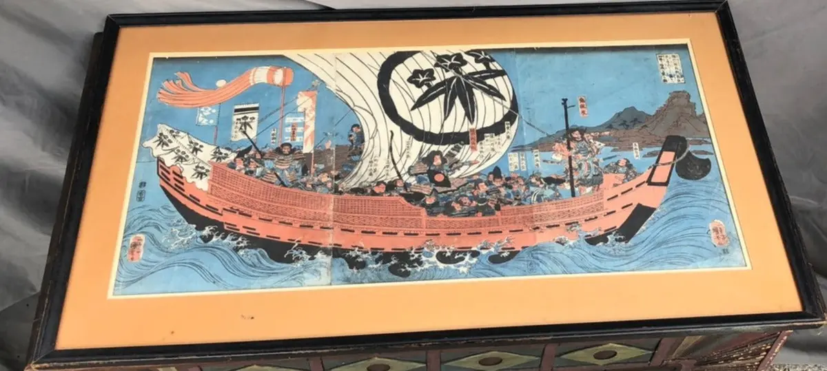 Early Japanese War Ship Painting-Signed Utagaw Hirosige 1