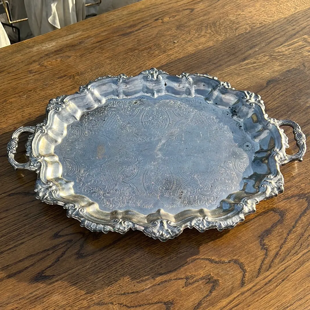 Large Footed Oval Silver Plate Tray With Handles 1