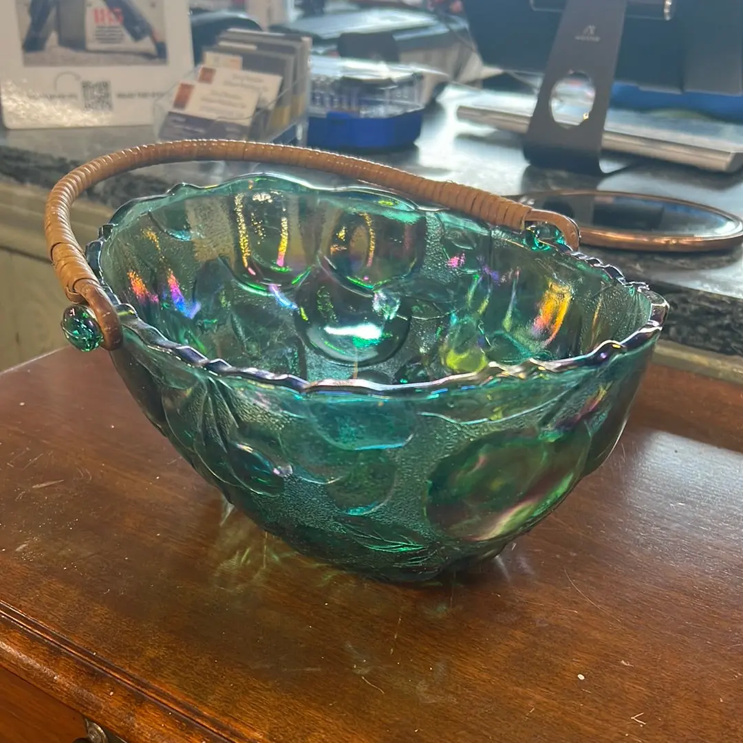 Oval Carnival Glass Bowl With Rattan Handle 1