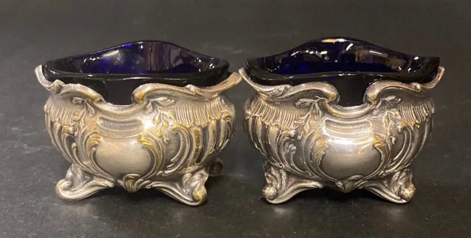 Pair Of Cobalt And Silverplate Open Salts 1