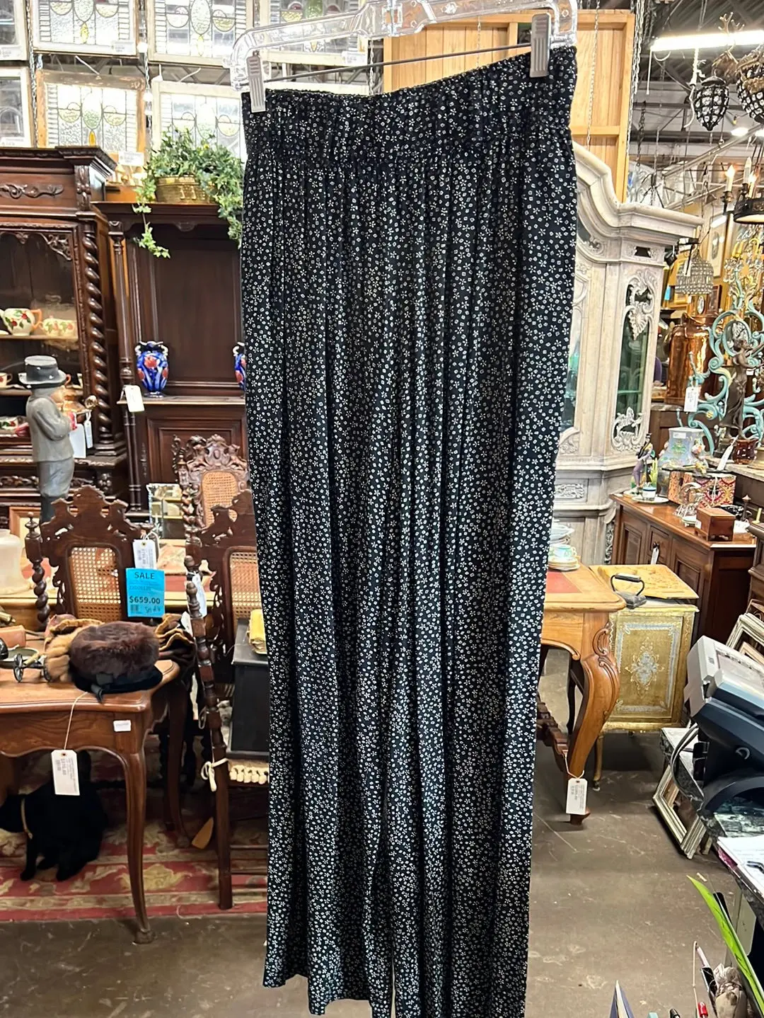 Black Wide Leg Pants With Little White Flowers 1