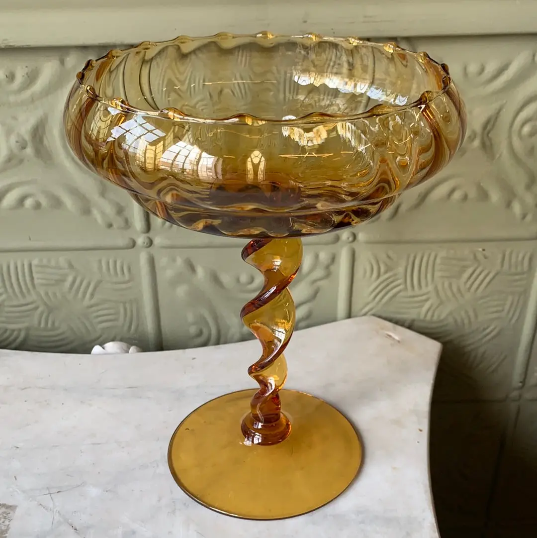 Tall Amber Glass Compote With Twisted Stem 1