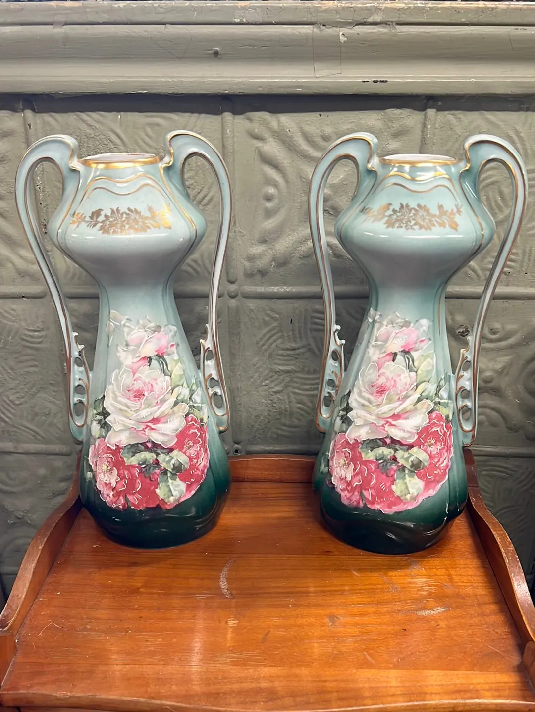 Pair Of Austrian Nouveau Green Vases With Roses 1