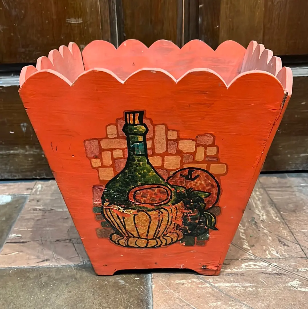 Orange Painted Wood Trash Can With Old Wine Bottle 1