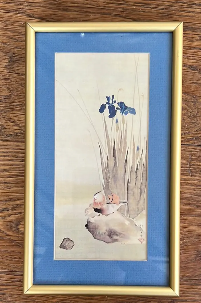 Block Print On Silk Reproduction Of Iris And Mandarin Ducks By Sakai Hoitsu 1