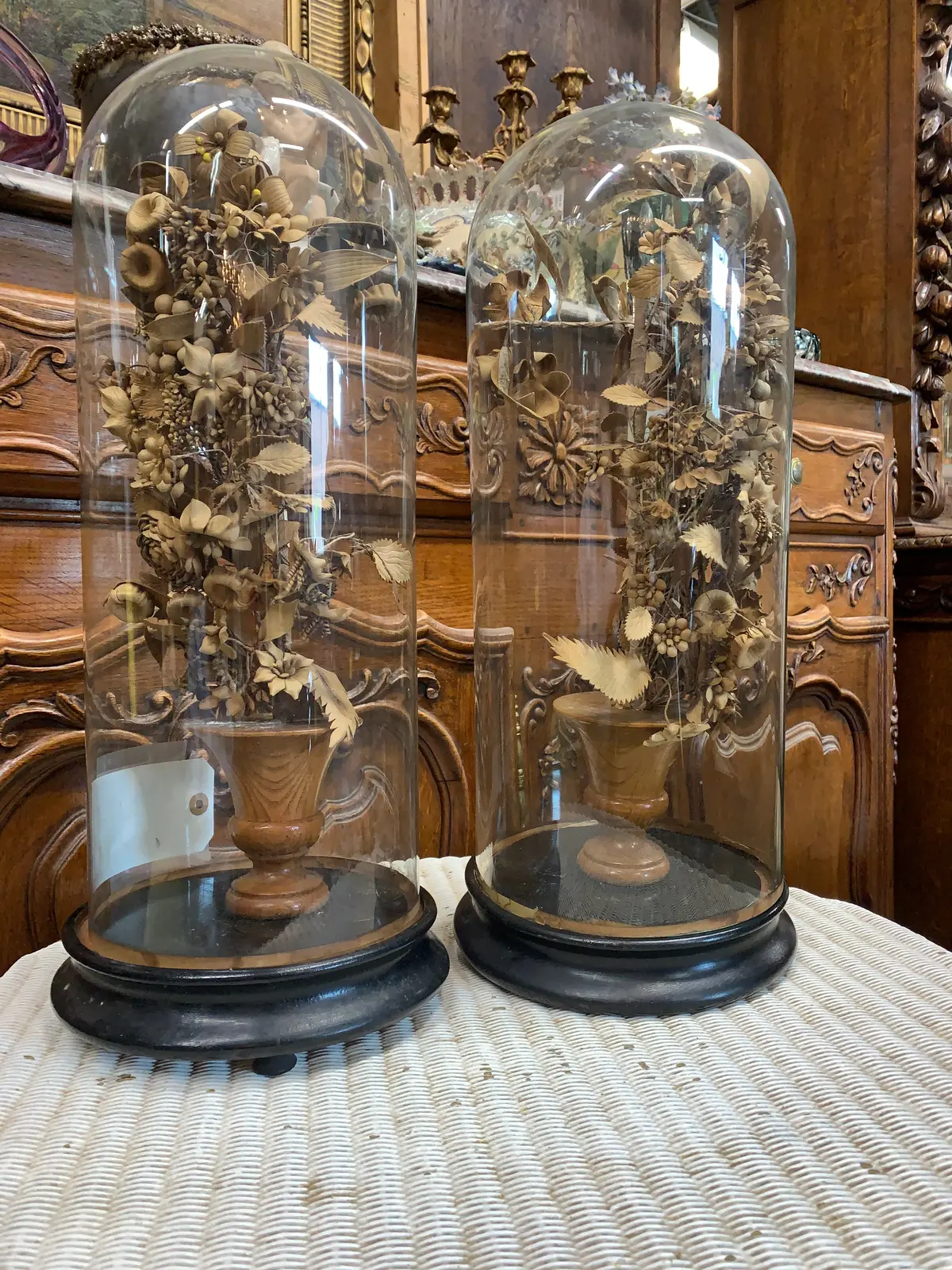 Pair Of Wood Floral Arrangements Under Domes 1