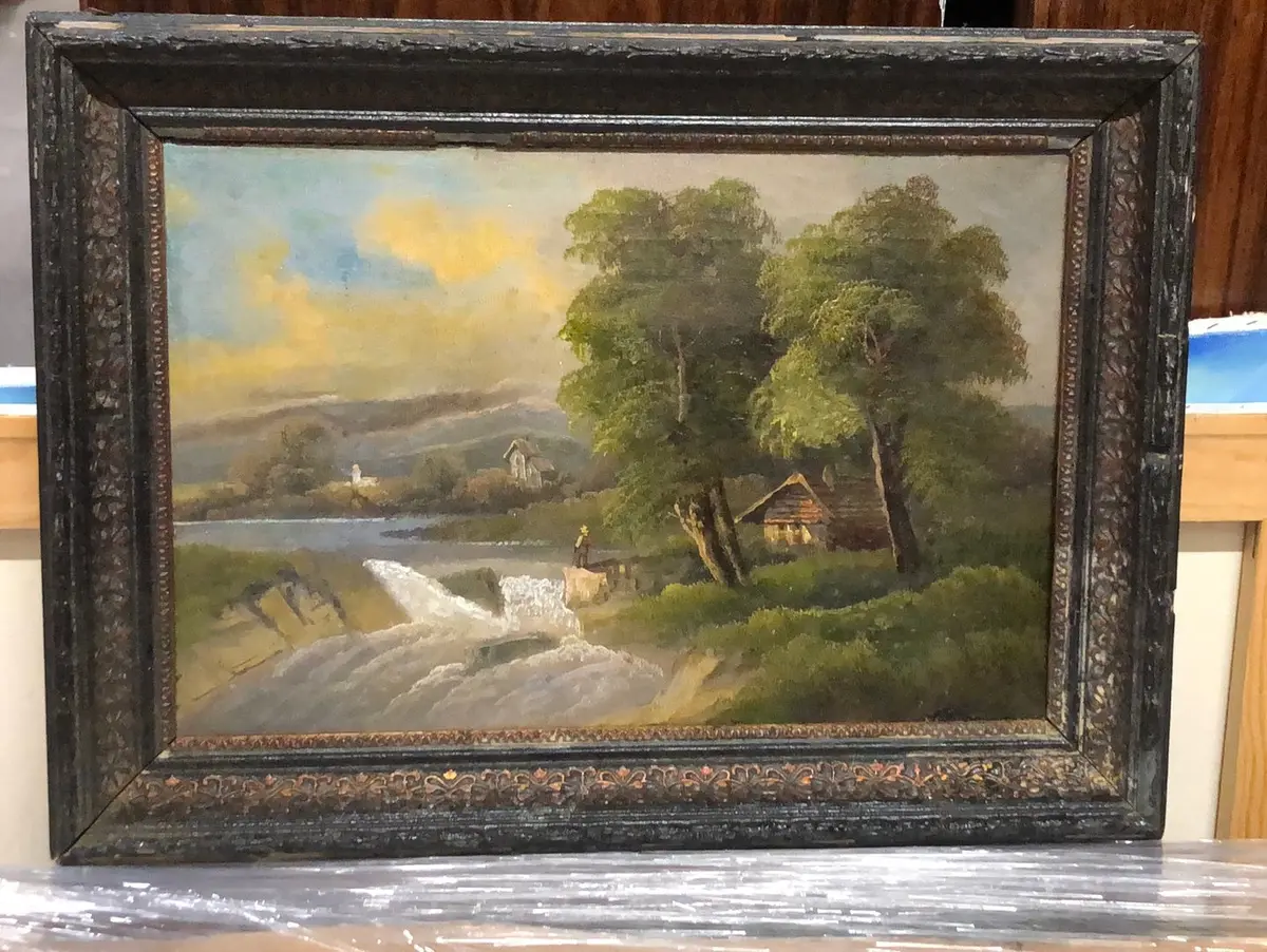 Small Framed European Oil Painting Of River With Waterfall 1