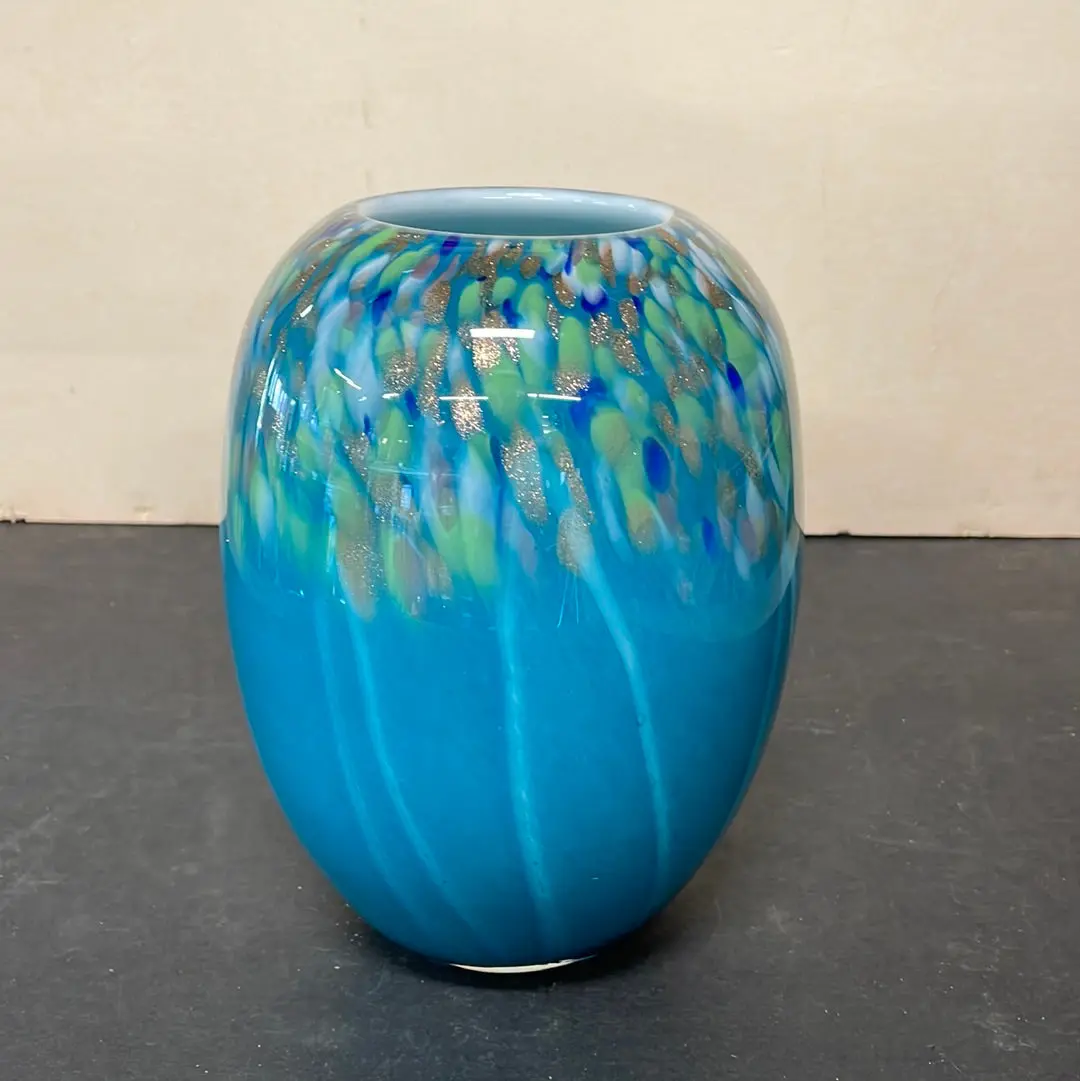 Hand Blown Glass Vase With  Blue And Gold Fleck Pattern 1