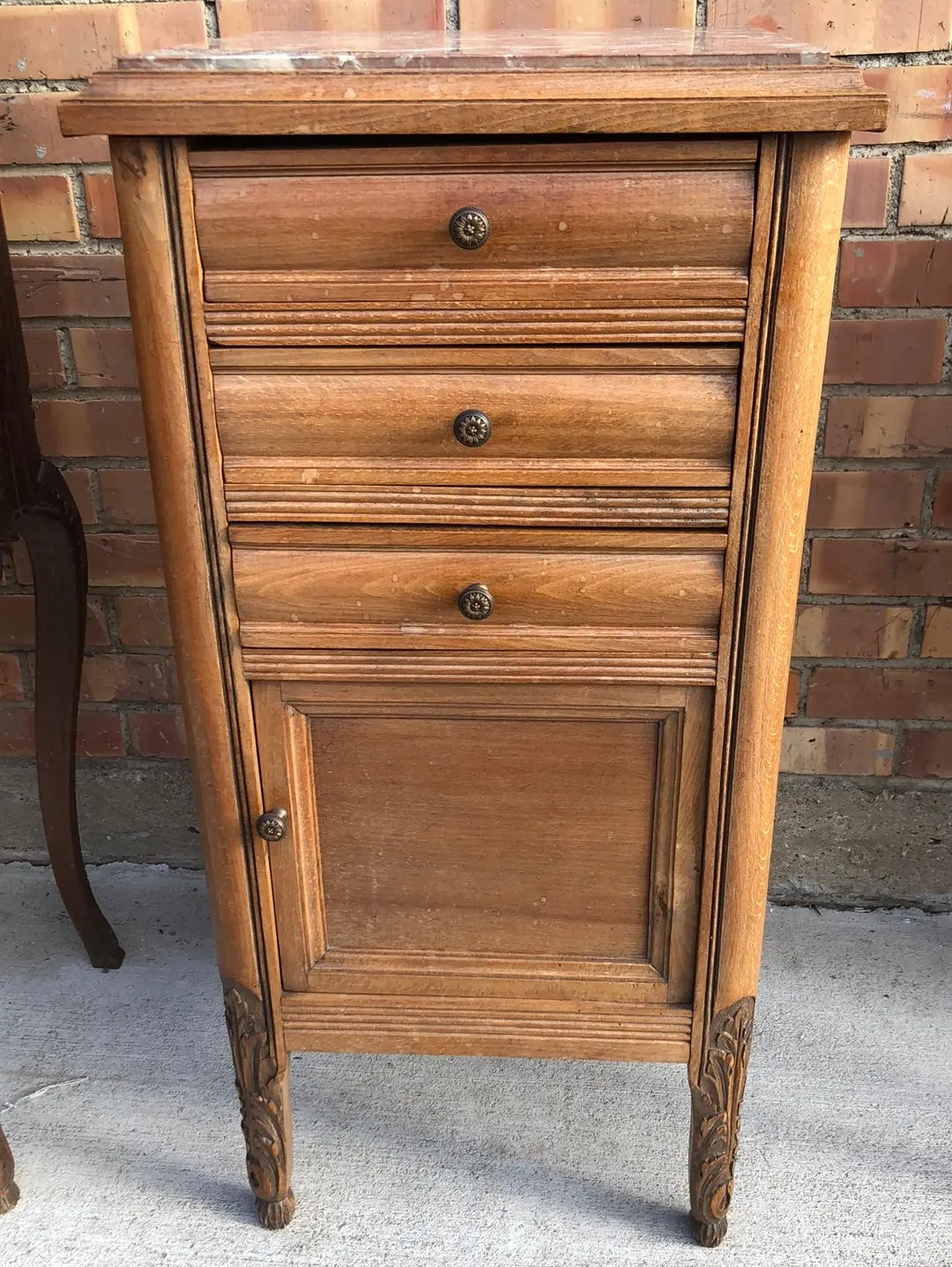 Tall Oak Marble Top Stand With 3 Upper Drawers 1