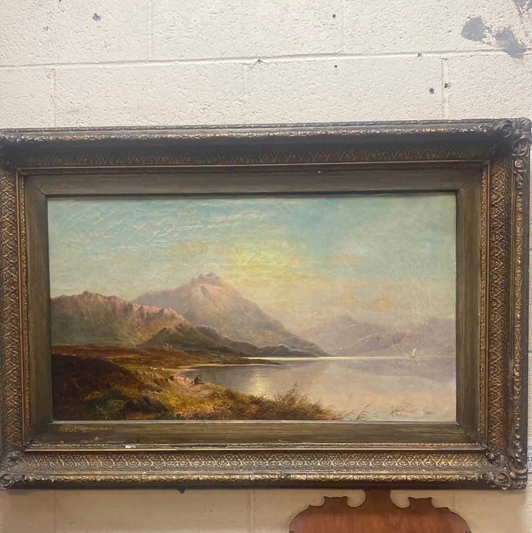 Large Signed Leslie Horizontal Landscape Of Man Fishing Oil Painting On Canvas 1