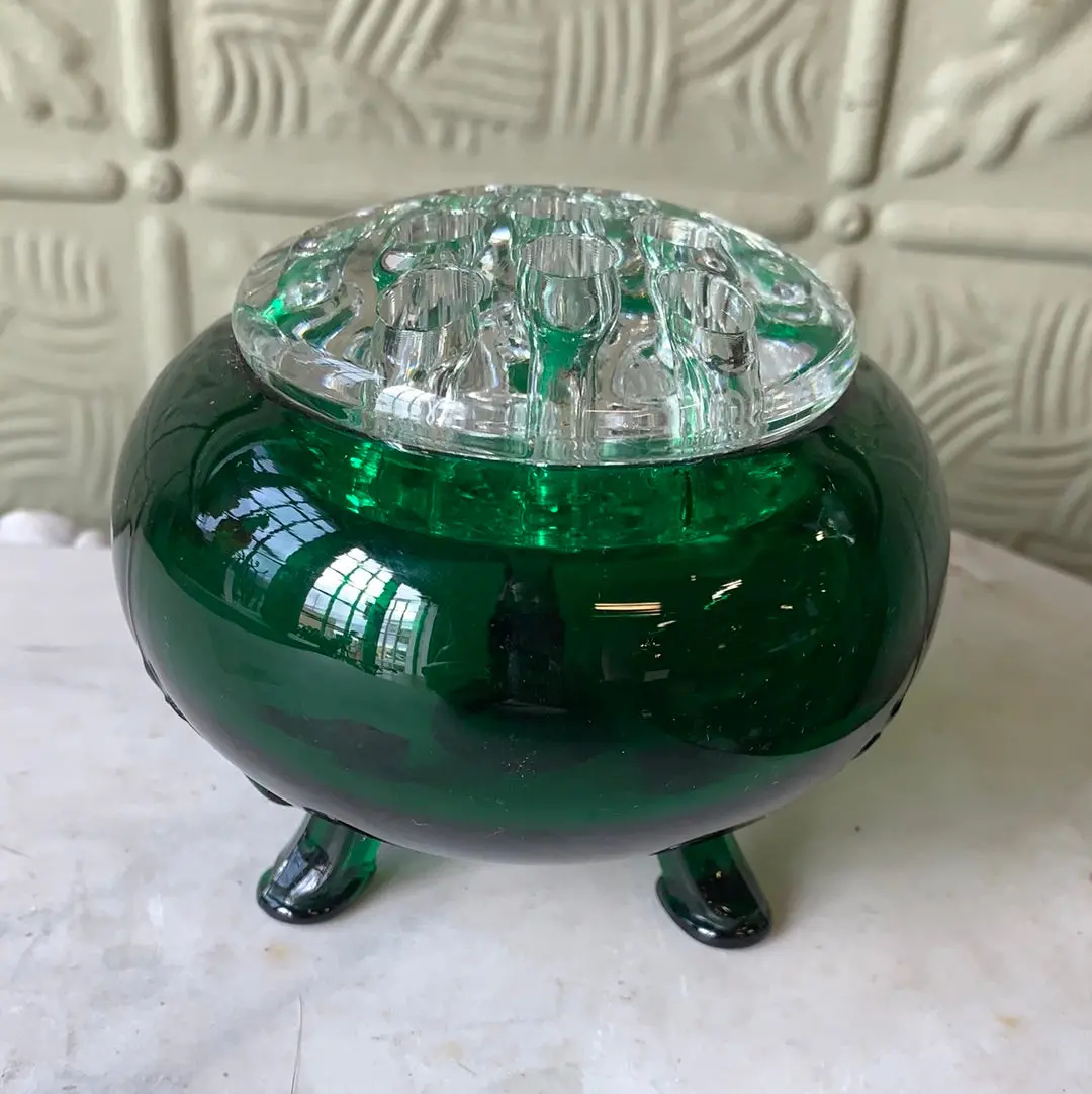 Emerald Green Glass Low Vase With Flower Frog 1