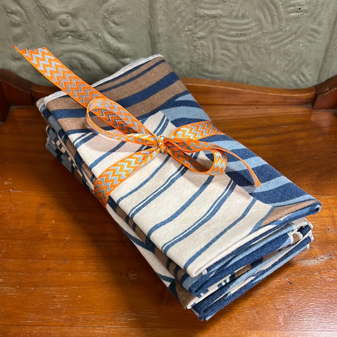 Set Of 8 Blue Brown And White Striped Napkins 1