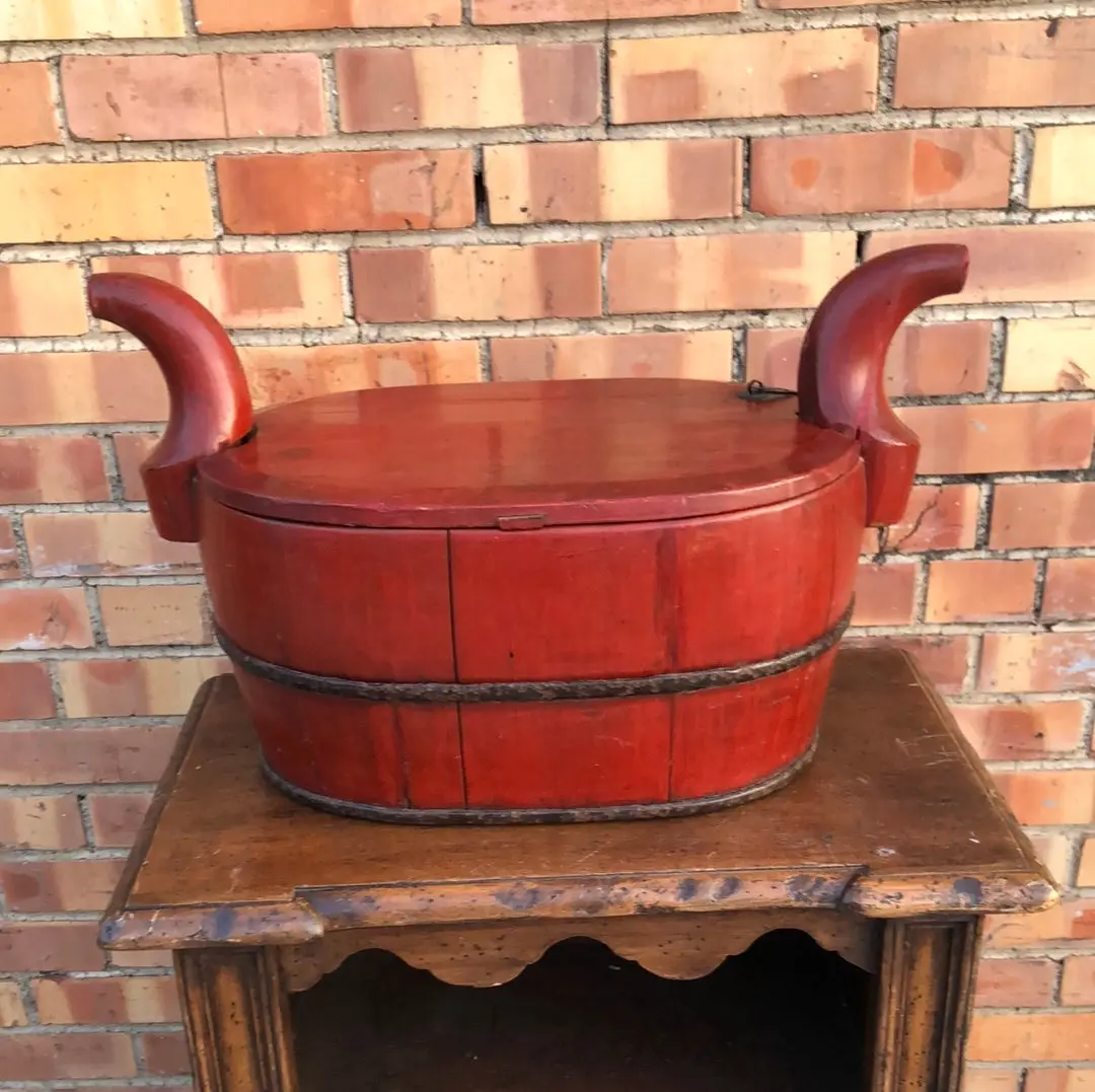 Chinese Oval Red Wood Box With Handles 1