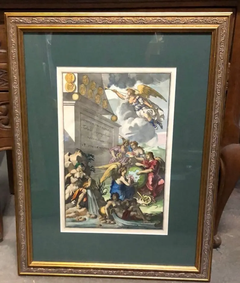 Framed Hand Colored Engraving With Angels 1