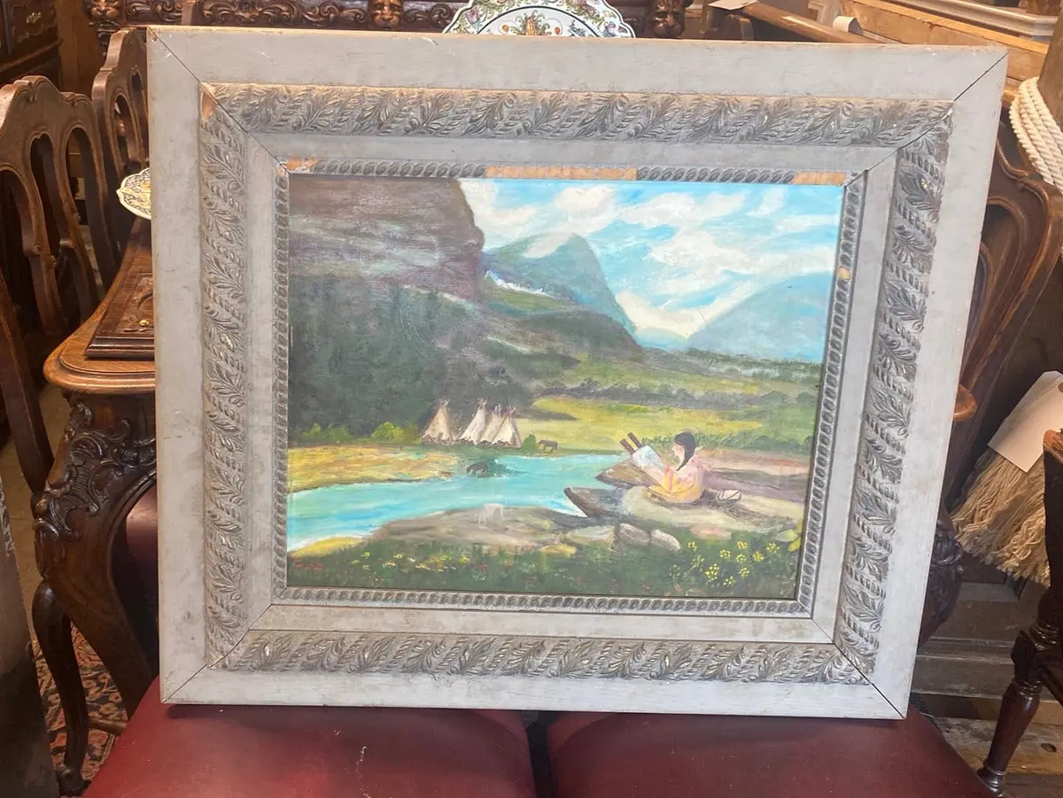 19Th Century Frame With Primitive Oil Painting Of Indian By River 1
