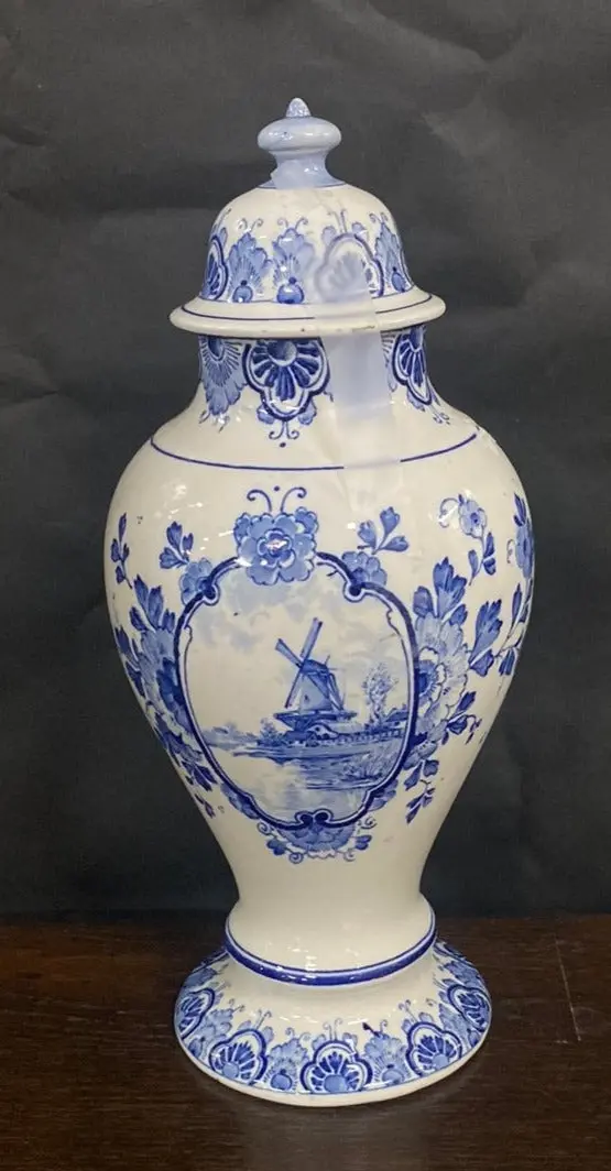 Small Lidded Floral Delft Flared Base Urn With Windmill 1