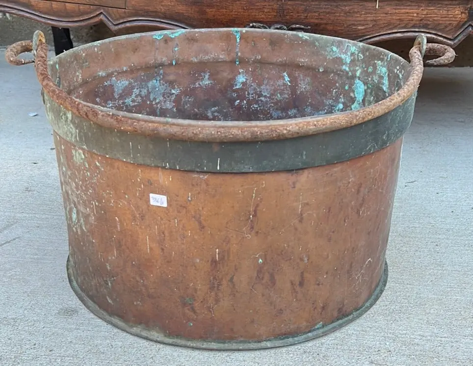 Large Brass Banded Copper Pot With Iron Handle 1