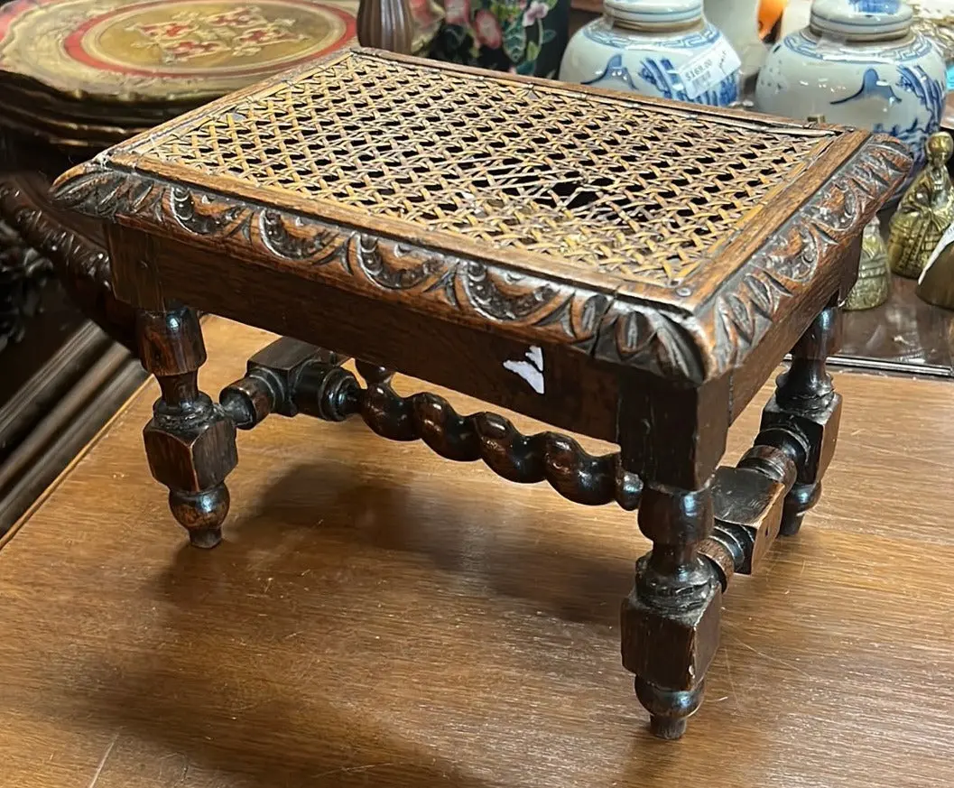 Caned Tiny Oak Stool -As Found 1